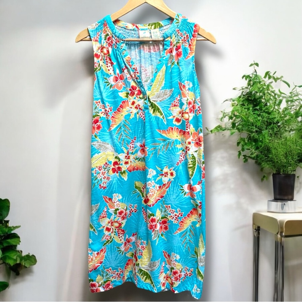 Caribbean Joe Teal Blue, Peach, Yellow, Red Tropical Print Sleeveless Dress